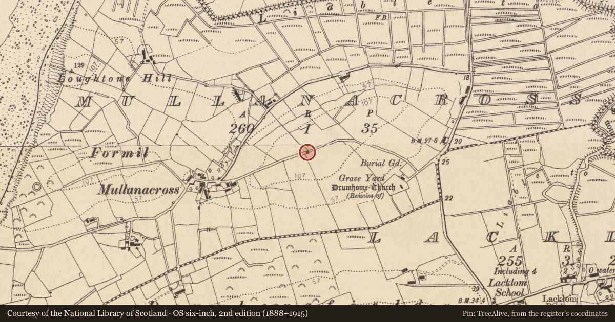 Ordnance Survey six-inch map, 2nd edition (1888–1915) covering the location of Mound, Mullanacross, County Donegal, with a pin at the register's coordinates