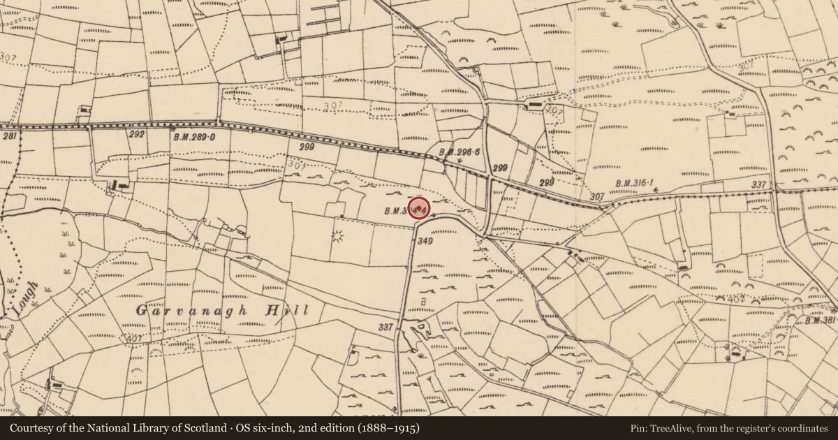 Ordnance Survey six-inch map, 2nd edition (1888–1915) covering the location of Enclosure, Garvanagh, County Donegal, with a pin at the register's coordinates