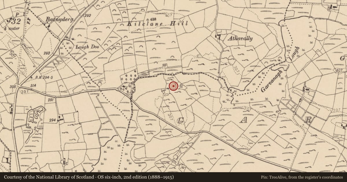 Ordnance Survey six-inch map, 2nd edition (1888–1915) covering the location of Enclosure, Garvanagh, County Donegal, with a pin at the register's coordinates