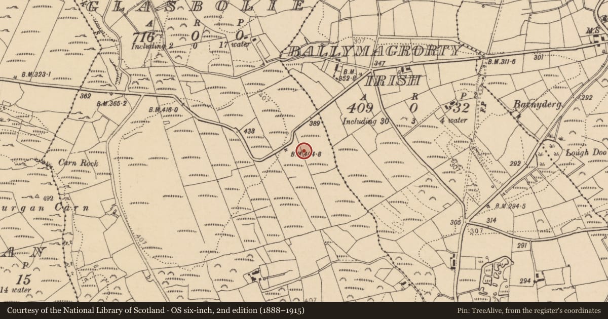 Ordnance Survey six-inch map, 2nd edition (1888–1915) covering the location of Enclosure, Glasbolie, County Donegal, with a pin at the register's coordinates