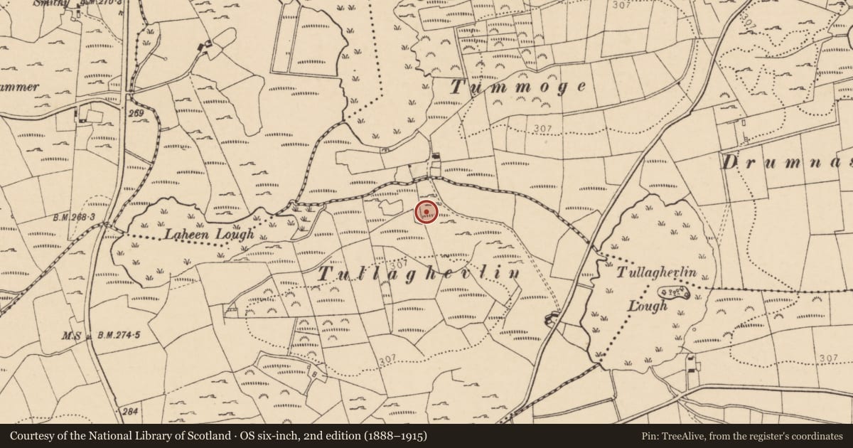 Ordnance Survey six-inch map, 2nd edition (1888–1915) covering the location of Enclosure, Laheen, County Donegal, with a pin at the register's coordinates