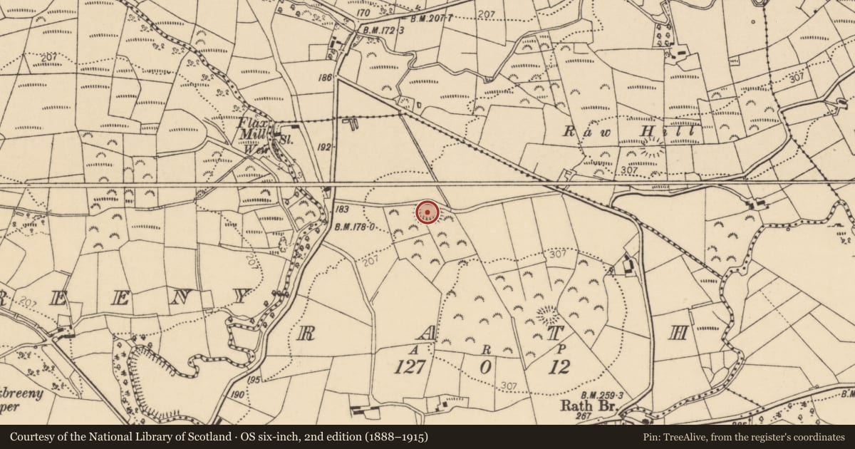 Ordnance Survey six-inch map, 2nd edition (1888–1915) covering the location of Ringfort - rath, County Donegal, with a pin at the register's coordinates