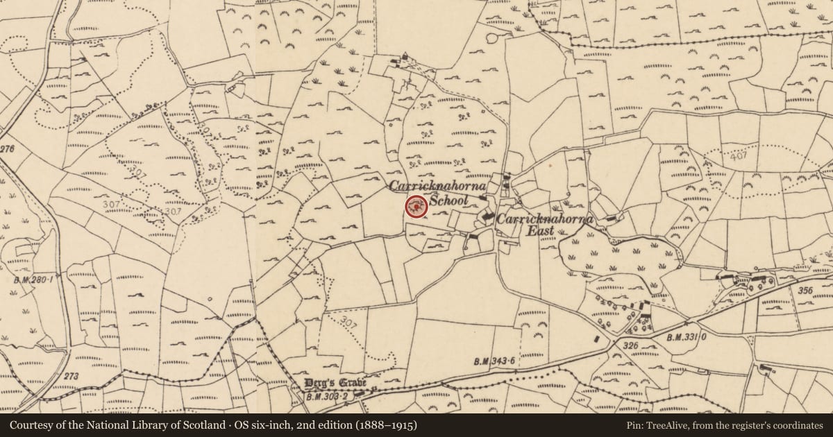 Ordnance Survey six-inch map, 2nd edition (1888–1915) covering the location of Ringfort - cashel, Carricknahorna, County Donegal, with a pin at the register's coordinates