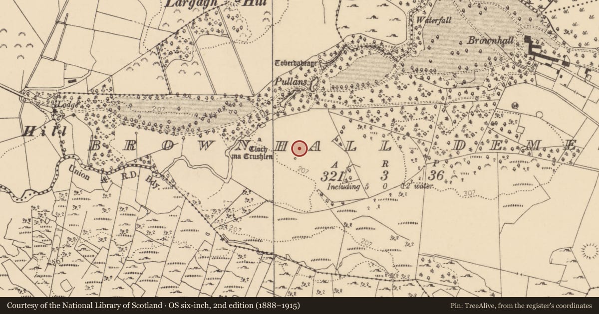 Ordnance Survey six-inch map, 2nd edition (1888–1915) covering the location of Enclosure, Brownhall Demesne, County Donegal, with a pin at the register's coordinates