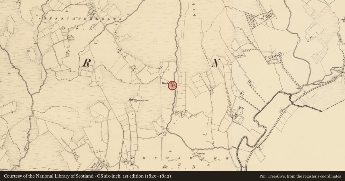 Ordnance Survey six-inch map, 1st edition (1829–1842) covering the location of Ritual site - holy well, Drumawark, County Donegal, with a pin at the register's coordinates