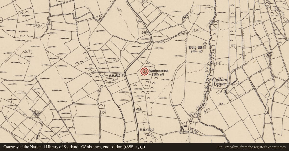 Ordnance Survey six-inch map, 2nd edition (1888–1915) covering the location of Cross, Drumawark, County Donegal, with a pin at the register's coordinates