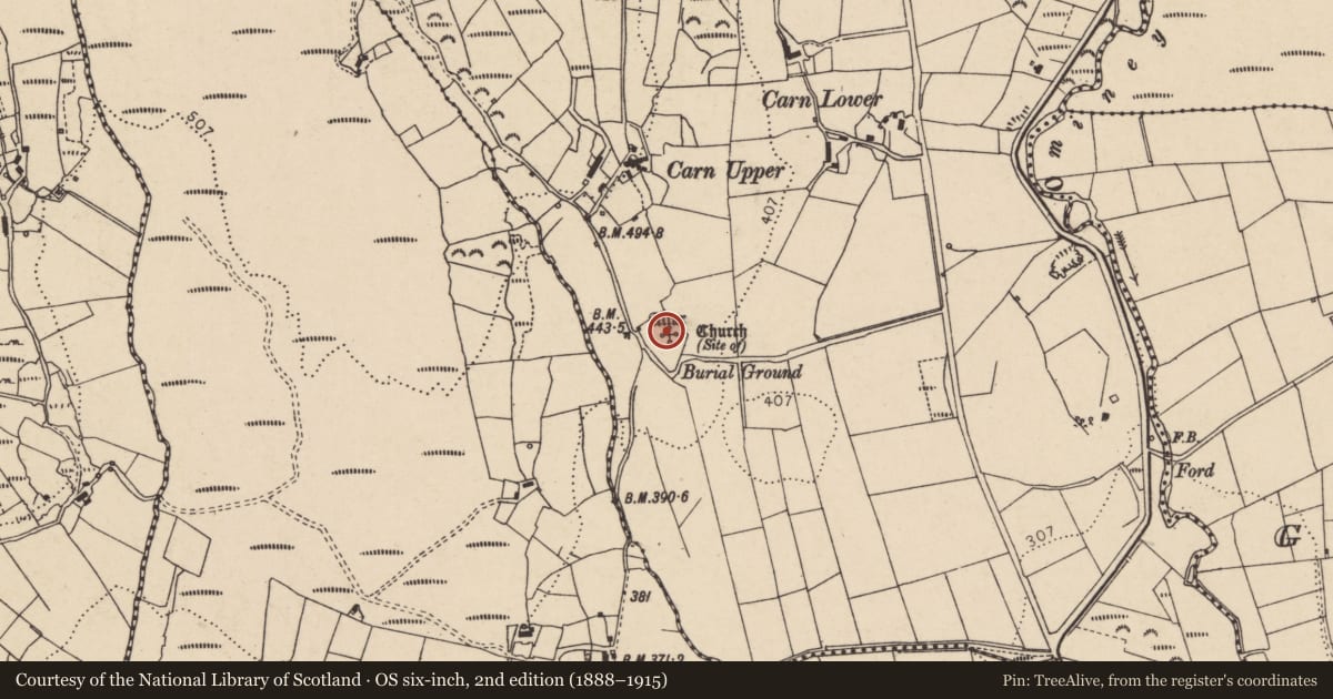 Ordnance Survey six-inch map, 2nd edition (1888–1915) covering the location of Church, Carn, County Donegal, with a pin at the register's coordinates