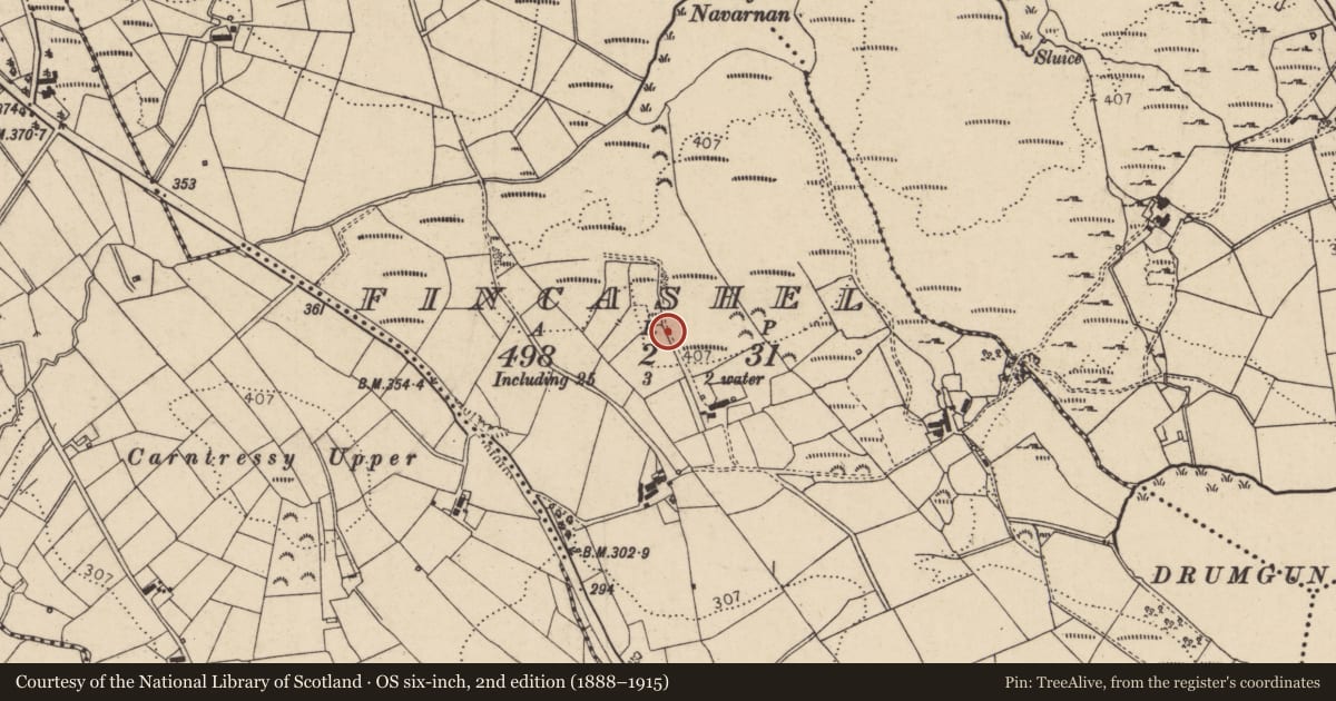 Ordnance Survey six-inch map, 2nd edition (1888–1915) covering the location of Ringfort - cashel, Fincashel, County Donegal, with a pin at the register's coordinates