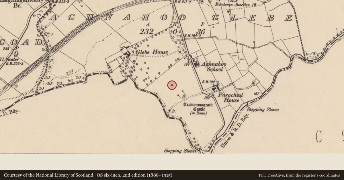 Ordnance Survey six-inch map, 2nd edition (1888–1915) covering the location of Settlement cluster, Aghnahoo Glebe, County Donegal, with a pin at the register's coordinates