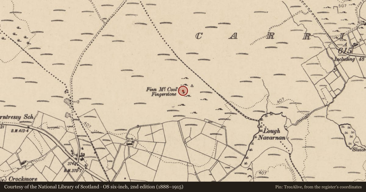 Ordnance Survey six-inch map, 2nd edition (1888–1915) covering the location of Standing stone, Fincashel, County Donegal, with a pin at the register's coordinates