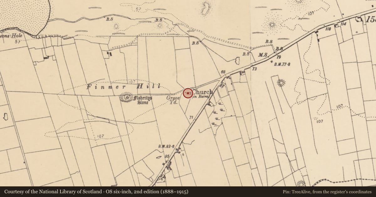 Ordnance Survey six-inch map, 2nd edition (1888–1915) covering the location of Church, Finner, County Donegal, with a pin at the register's coordinates