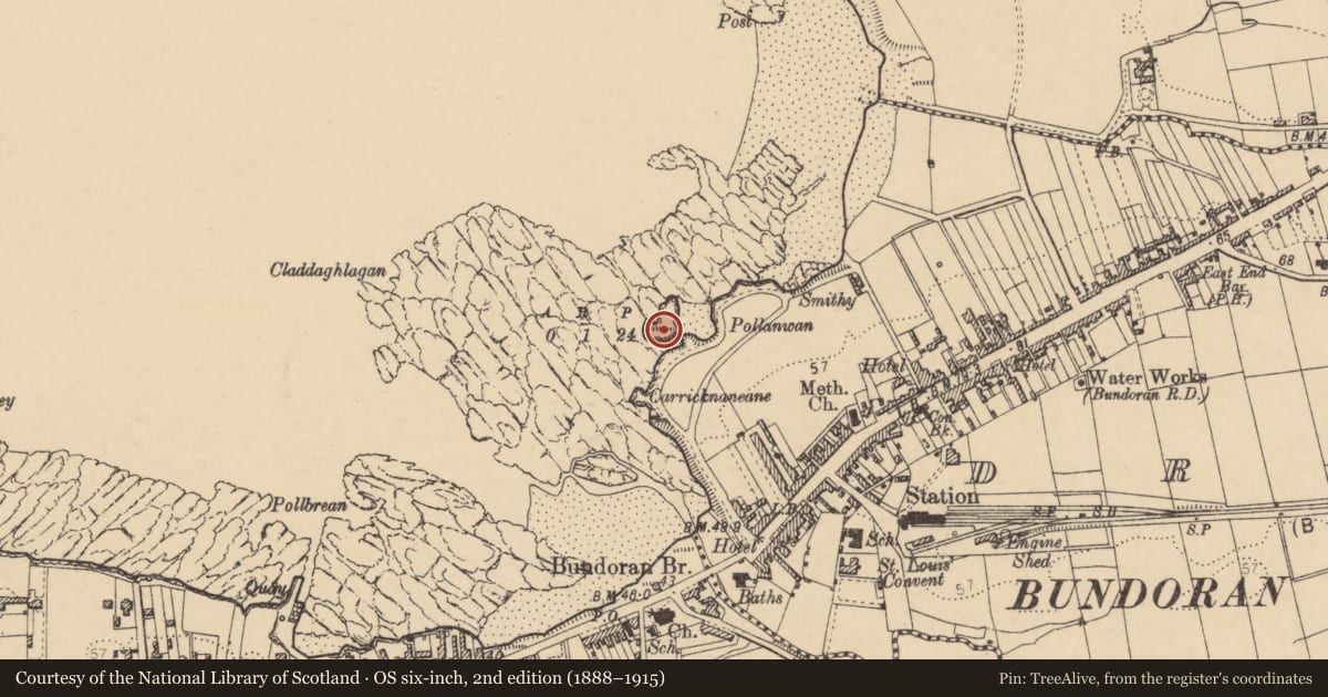 Ordnance Survey six-inch map, 2nd edition (1888–1915) covering the location of Promontory fort - coastal, Drumacrin, County Donegal, with a pin at the register's coordinates
