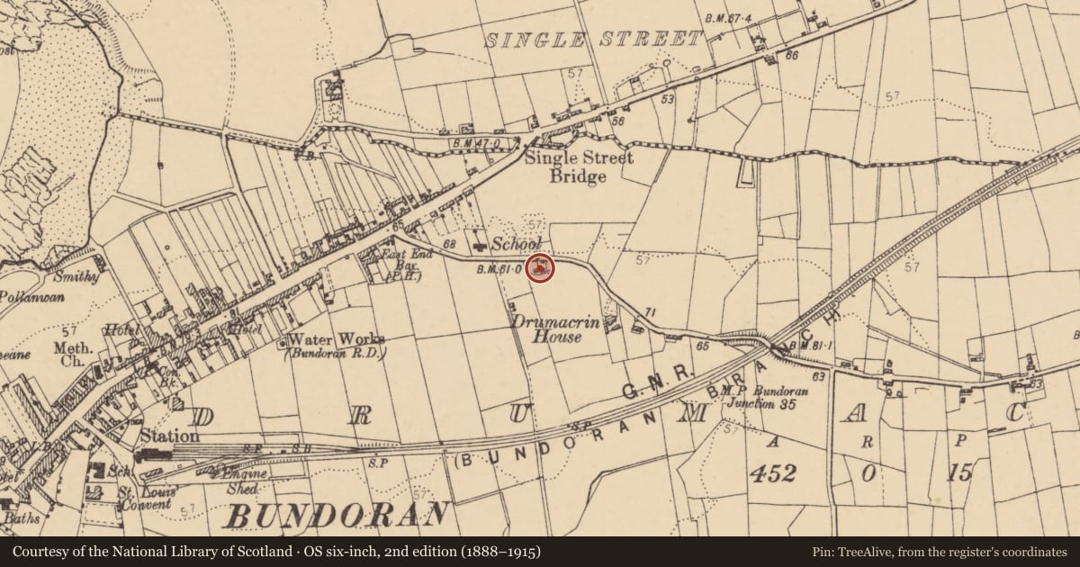 Ordnance Survey six-inch map, 2nd edition (1888–1915) covering the location of Standing stone, Drumacrin, County Donegal, with a pin at the register's coordinates