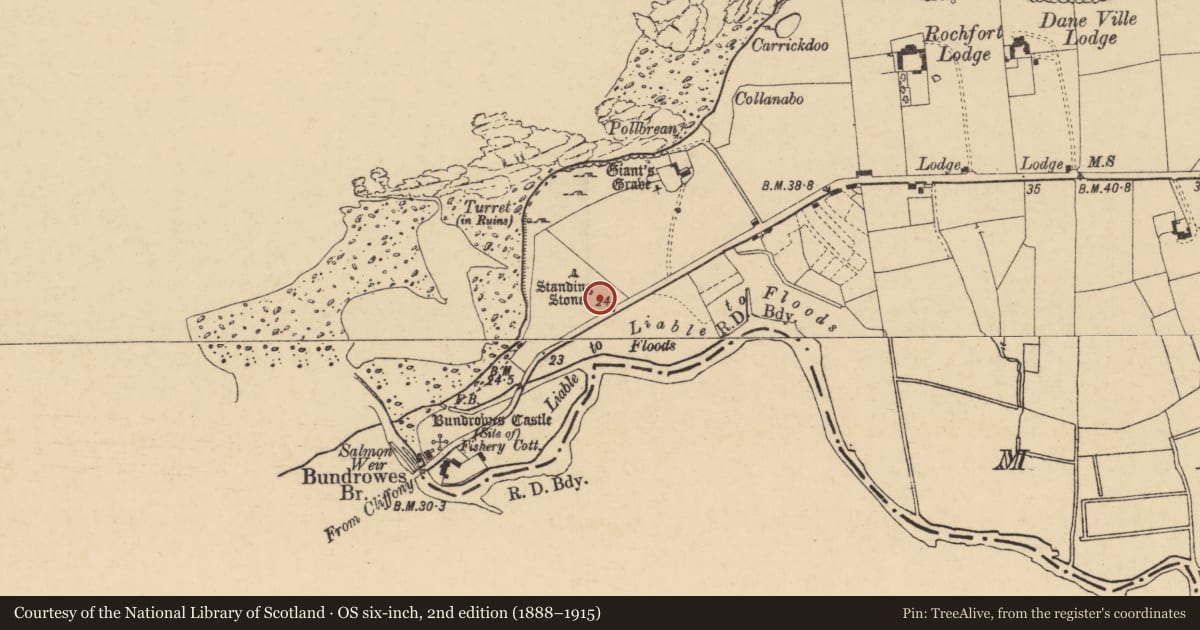 Ordnance Survey six-inch map, 2nd edition (1888–1915) covering the location of Kiln - corn-drying, Magheracar, County Donegal, with a pin at the register's coordinates
