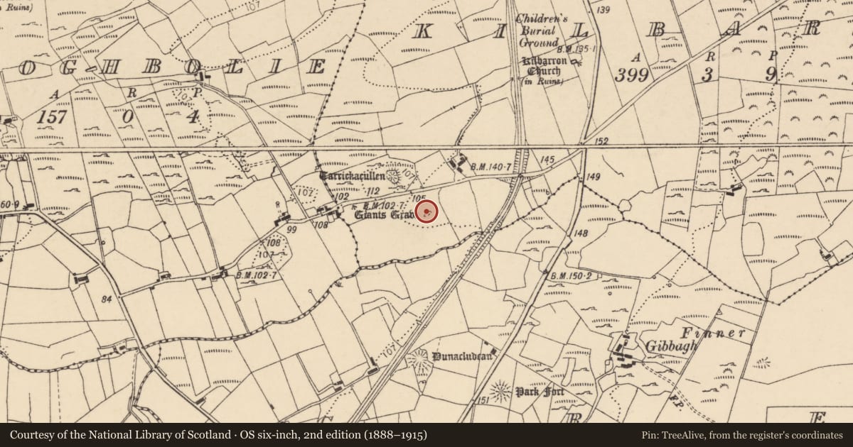 Ordnance Survey six-inch map, 2nd edition (1888–1915) covering the location of Megalithic tomb - wedge tomb, Kilbarron, County Donegal, with a pin at the register's coordinates
