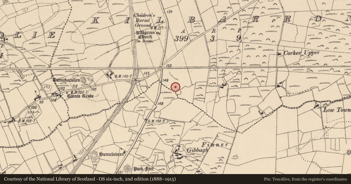 Ordnance Survey six-inch map, 2nd edition (1888–1915) covering the location of Ringfort - cashel, Kilbarron, County Donegal, with a pin at the register's coordinates
