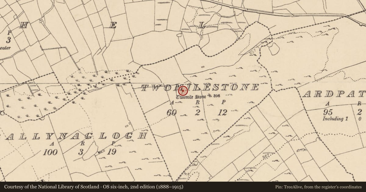 Ordnance Survey six-inch map, 2nd edition (1888–1915) covering the location of Enclosure, Ardpattan And Twomilestone, County Donegal, with a pin at the register's coordinates