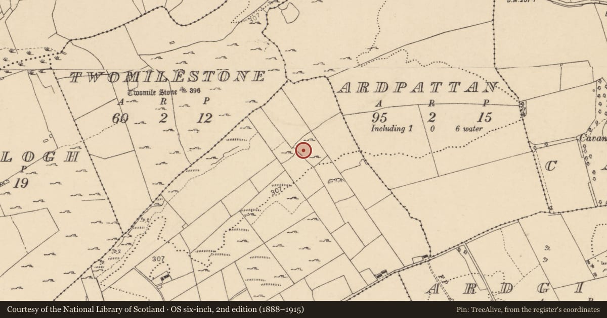 Ordnance Survey six-inch map, 2nd edition (1888–1915) covering the location of Hut site, Tullymore, County Donegal, with a pin at the register's coordinates