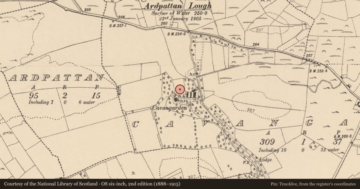 Ordnance Survey six-inch map, 2nd edition (1888–1915) covering the location of Souterrain, Cavangarden, County Donegal, with a pin at the register's coordinates