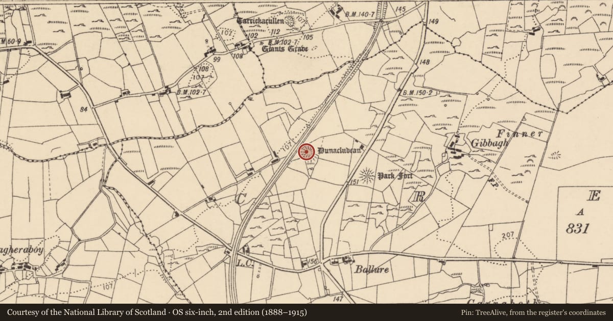 Ordnance Survey six-inch map, 2nd edition (1888–1915) covering the location of Hut site, Creevy, County Donegal, with a pin at the register's coordinates