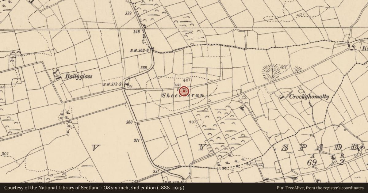 Ordnance Survey six-inch map, 2nd edition (1888–1915) covering the location of Barrow - ring-barrow, Creevy, County Donegal, with a pin at the register's coordinates