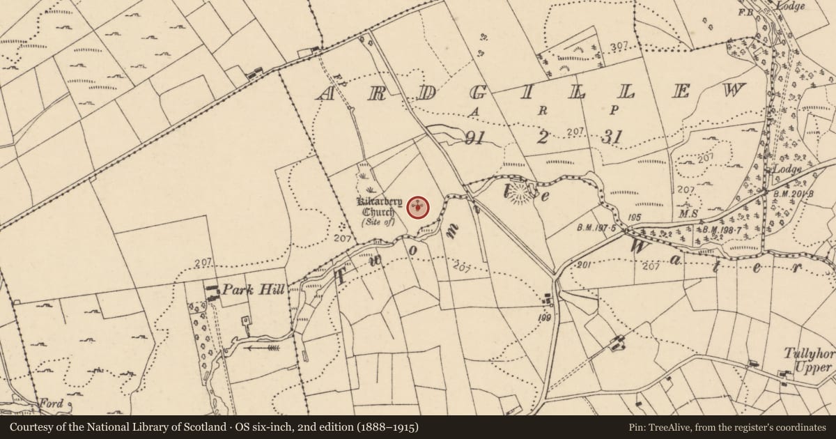 Ordnance Survey six-inch map, 2nd edition (1888–1915) covering the location of Church, Ardgillew, County Donegal, with a pin at the register's coordinates