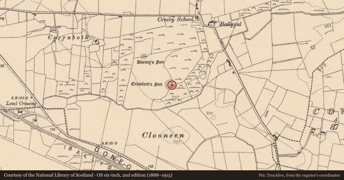 Ordnance Survey six-inch map, 2nd edition (1888–1915) covering the location of Souterrain, Creevy, County Donegal, with a pin at the register's coordinates