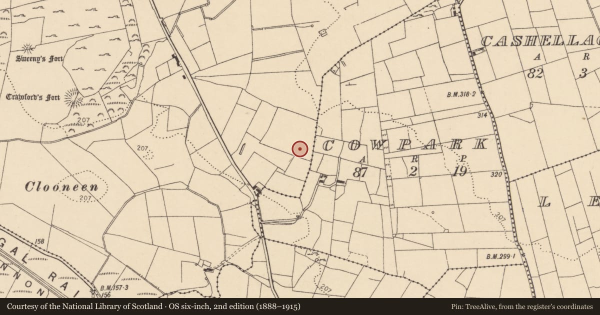 Ordnance Survey six-inch map, 2nd edition (1888–1915) covering the location of Souterrain, Cowpark, County Donegal, with a pin at the register's coordinates