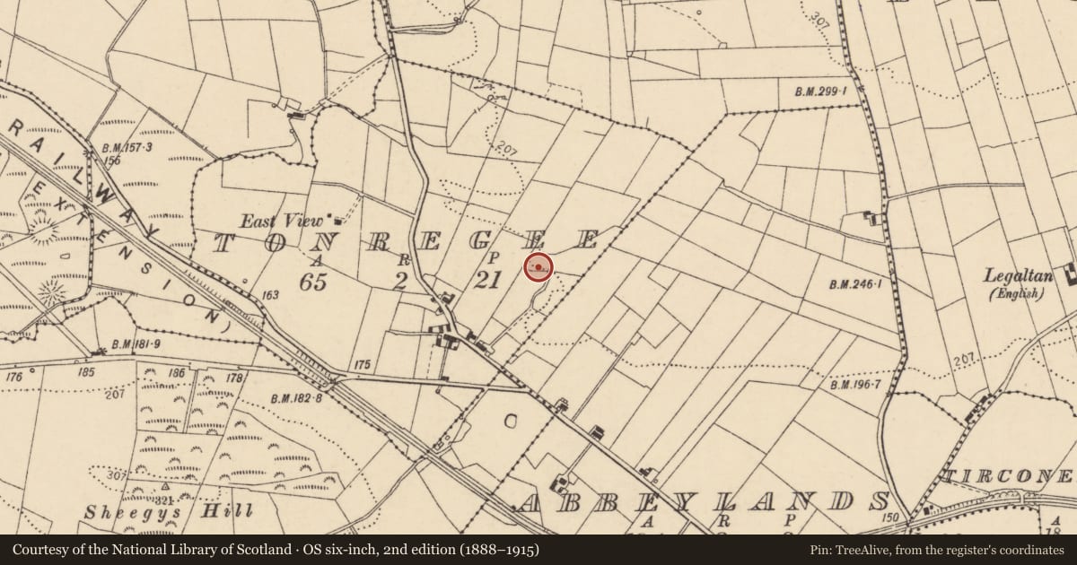 Ordnance Survey six-inch map, 2nd edition (1888–1915) covering the location of Souterrain, Tonregee, County Donegal, with a pin at the register's coordinates