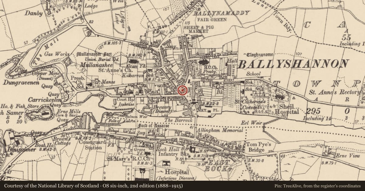 Ordnance Survey six-inch map, 2nd edition (1888–1915) covering the location of Historic town, County Donegal, with a pin at the register's coordinates