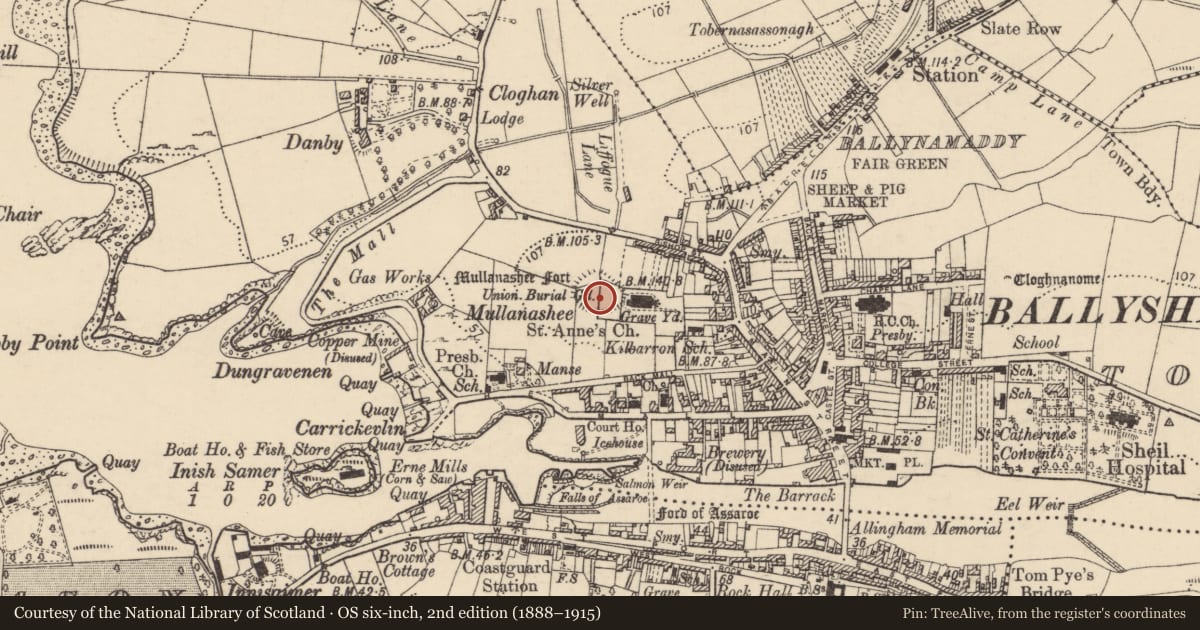 Ordnance Survey six-inch map, 2nd edition (1888–1915) covering the location of Bastioned fort, Townparks, County Donegal, with a pin at the register's coordinates
