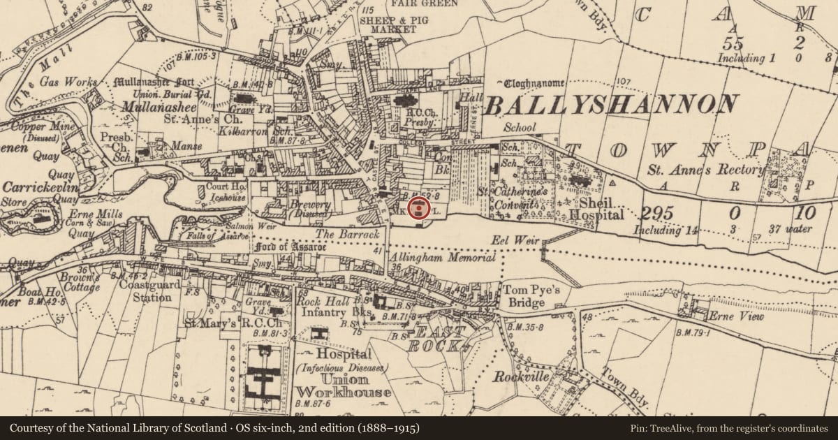Ordnance Survey six-inch map, 2nd edition (1888–1915) covering the location of Castle - unclassified, Townparks, County Donegal, with a pin at the register's coordinates