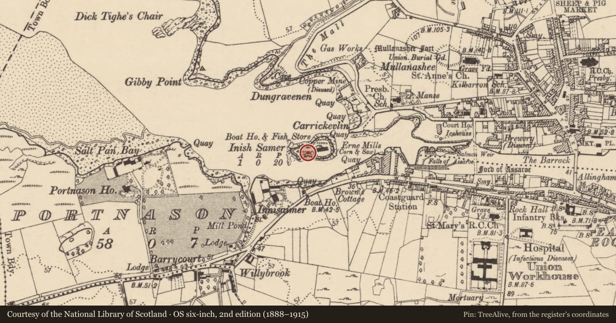 Ordnance Survey six-inch map, 2nd edition (1888–1915) covering the location of Midden, Inish Samer, County Donegal, with a pin at the register's coordinates