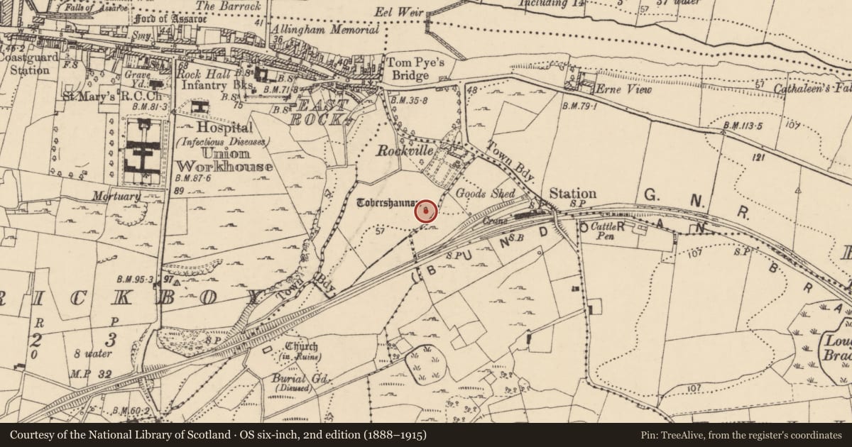 Ordnance Survey six-inch map, 2nd edition (1888–1915) covering the location of Ritual site - holy well, Sminver, County Donegal, with a pin at the register's coordinates