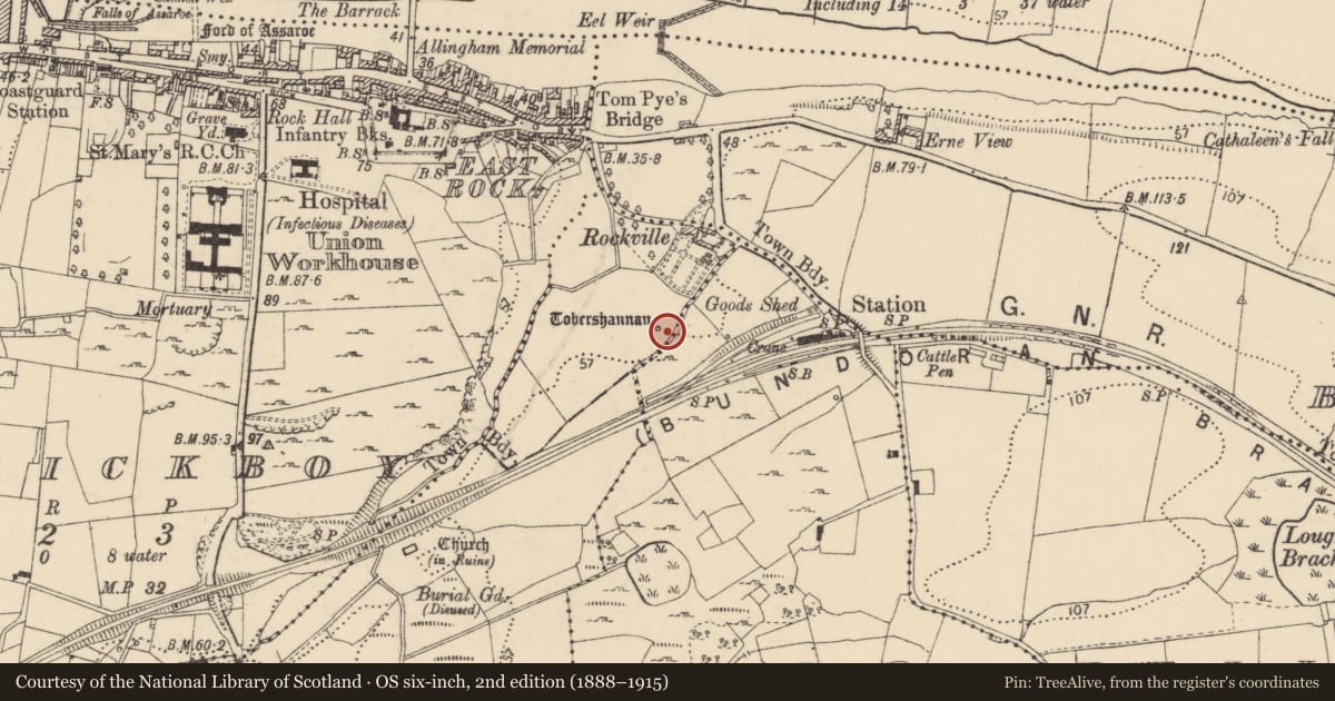 Ordnance Survey six-inch map, 2nd edition (1888–1915) covering the location of Burnt mound, Sminver, County Donegal, with a pin at the register's coordinates