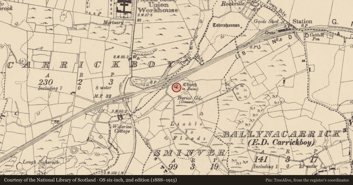 Ordnance Survey six-inch map, 2nd edition (1888–1915) covering the location of Church, Sminver, County Donegal, with a pin at the register's coordinates