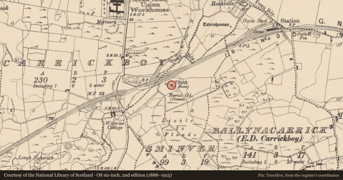 Ordnance Survey six-inch map, 2nd edition (1888–1915) covering the location of Graveyard, Sminver, County Donegal, with a pin at the register's coordinates