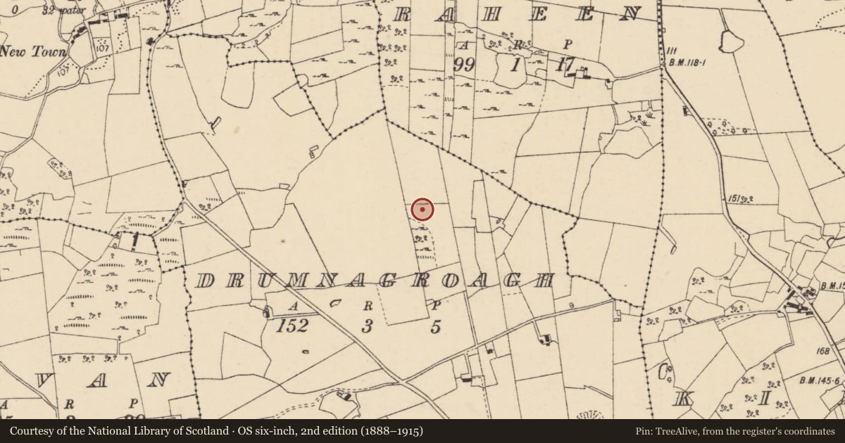 Ordnance Survey six-inch map, 2nd edition (1888–1915) covering the location of Enclosure, Drumnagroagh, County Donegal, with a pin at the register's coordinates