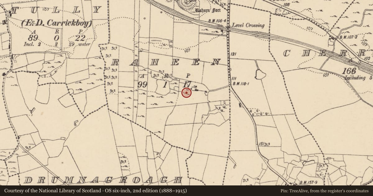 Ordnance Survey six-inch map, 2nd edition (1888–1915) covering the location of Enclosure, Raheen, County Donegal, with a pin at the register's coordinates