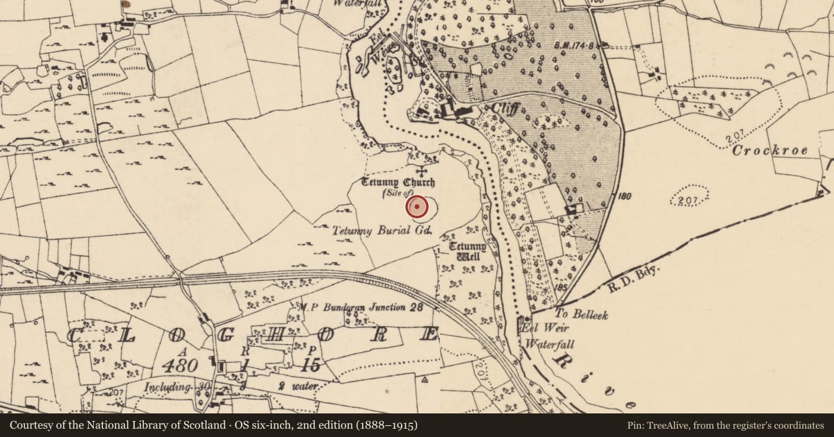 Ordnance Survey six-inch map, 2nd edition (1888–1915) covering the location of Burial ground, Cloghore, County Donegal, with a pin at the register's coordinates