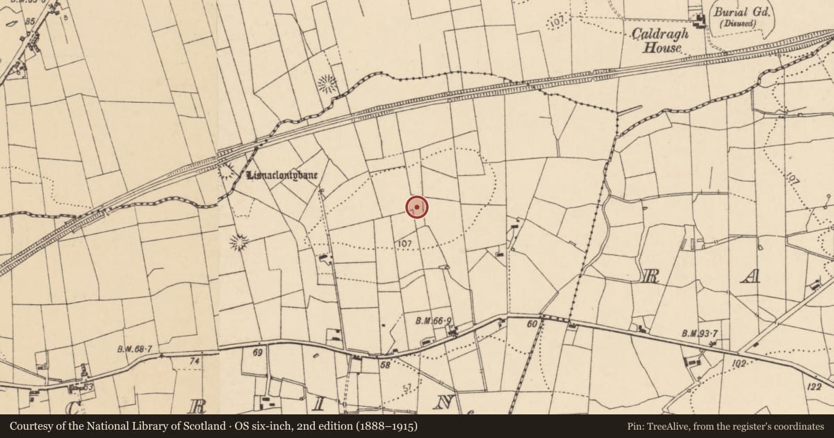 Ordnance Survey six-inch map, 2nd edition (1888–1915) covering the location of Enclosure, Drumacrin, County Donegal, with a pin at the register's coordinates