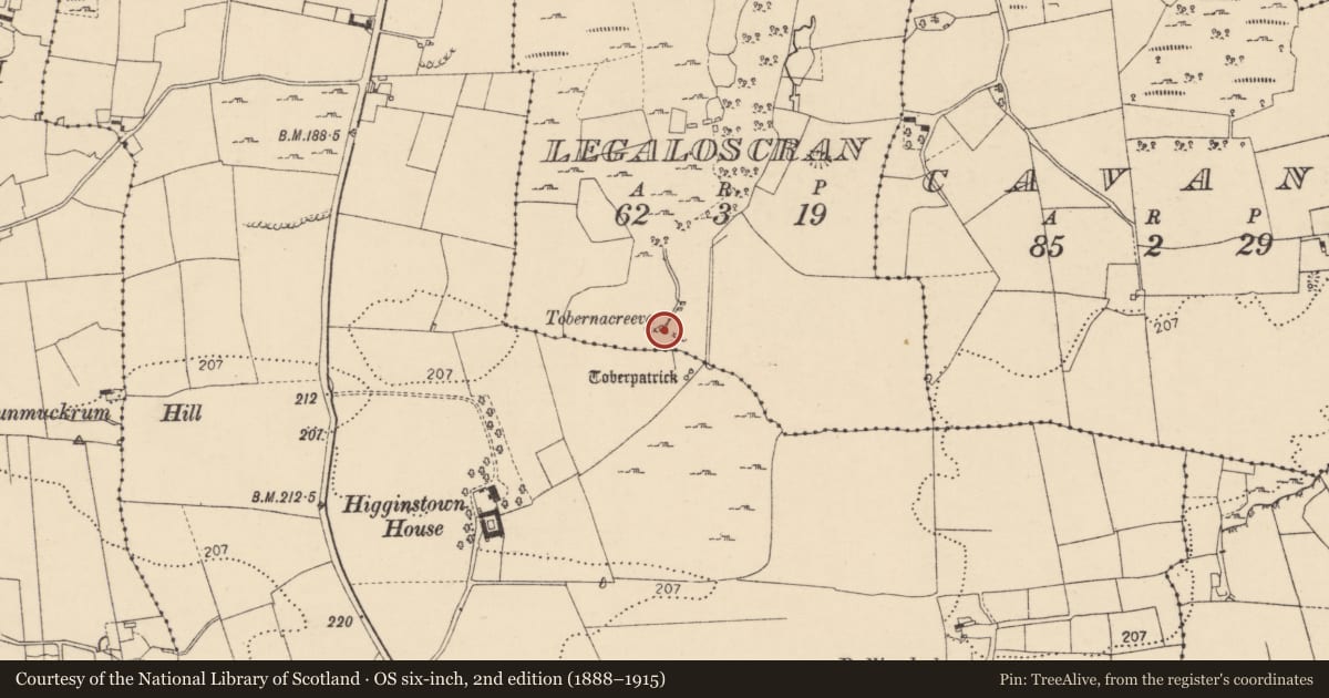 Ordnance Survey six-inch map, 2nd edition (1888–1915) covering the location of Ritual site - holy well, Legaloscran, County Donegal, with a pin at the register's coordinates