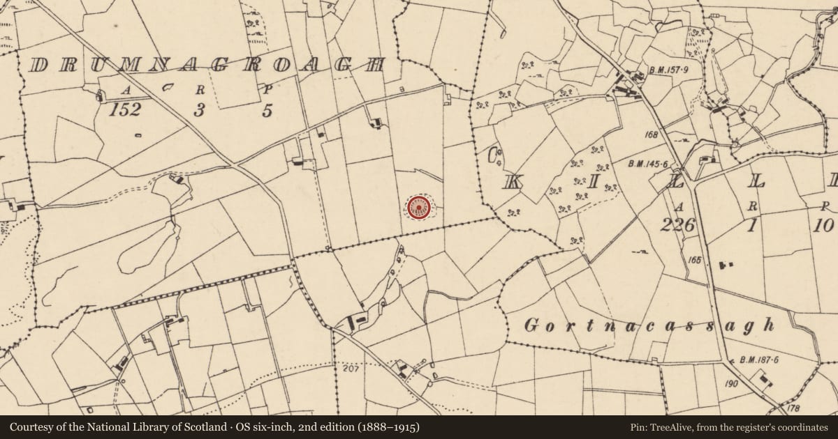 Ordnance Survey six-inch map, 2nd edition (1888–1915) covering the location of Ringfort - rath, Drumnagroagh, County Donegal, with a pin at the register's coordinates