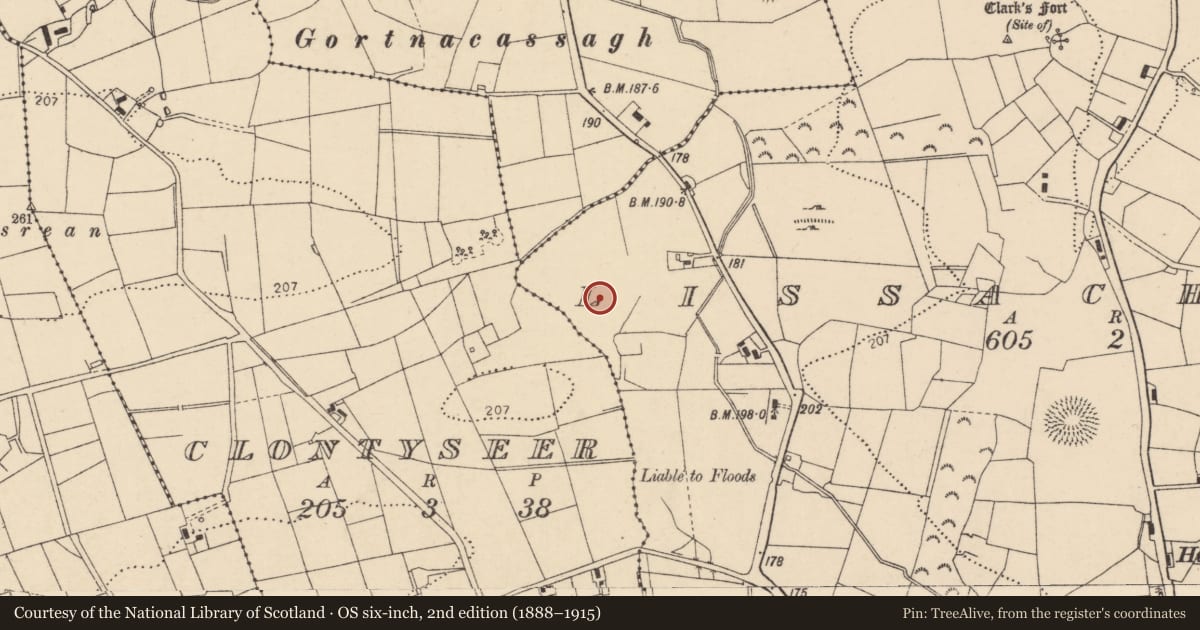 Ordnance Survey six-inch map, 2nd edition (1888–1915) covering the location of Enclosure, Lissacholly, County Donegal, with a pin at the register's coordinates