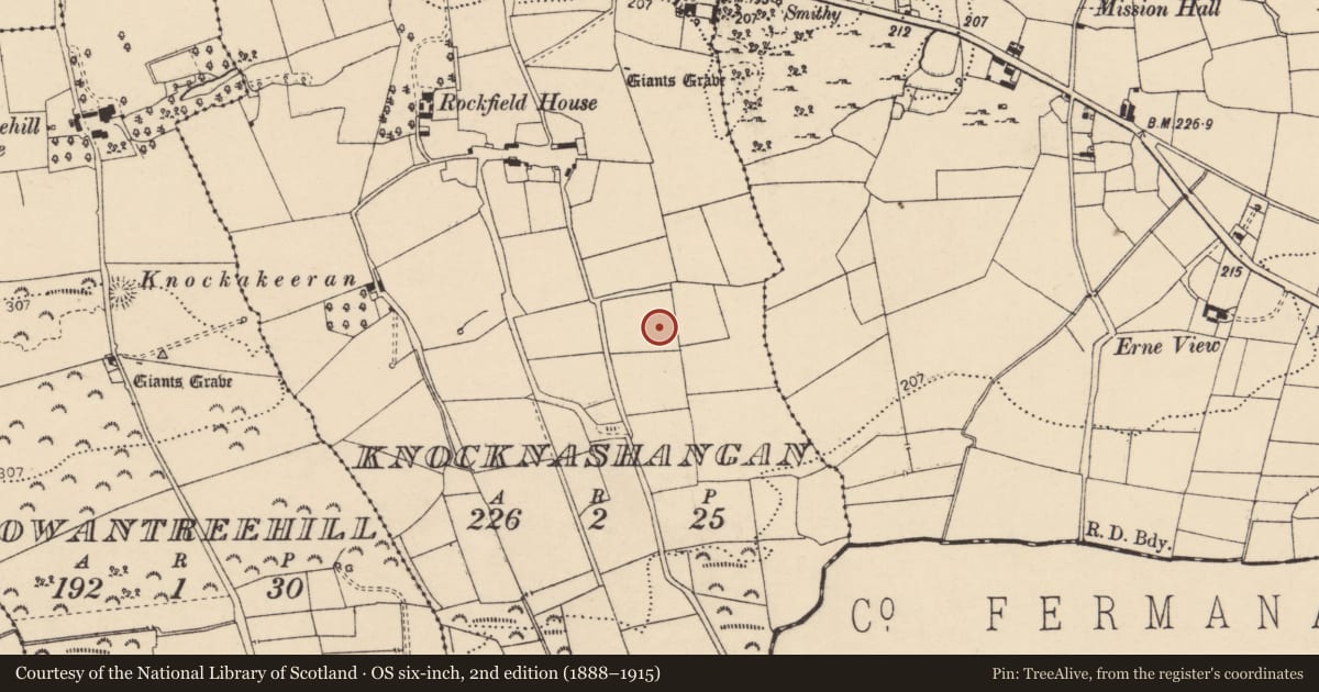 Ordnance Survey six-inch map, 2nd edition (1888–1915) covering the location of Barrow - ring-barrow, Knocknashangan, County Donegal, with a pin at the register's coordinates