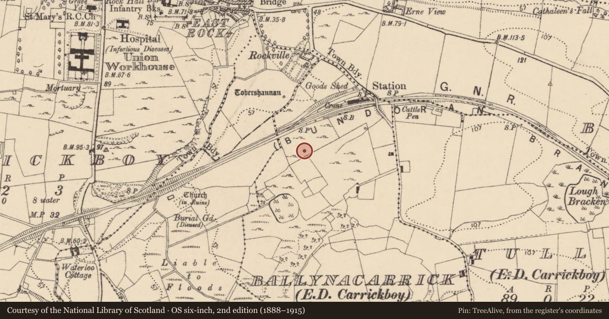 Ordnance Survey six-inch map, 2nd edition (1888–1915) covering the location of Habitation site, Ballynacarrick, County Donegal, with a pin at the register's coordinates