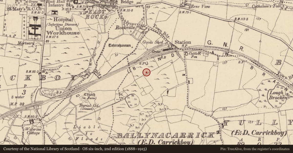 Ordnance Survey six-inch map, 2nd edition (1888–1915) covering the location of Hearth, Ballynacarrick, County Donegal, with a pin at the register's coordinates