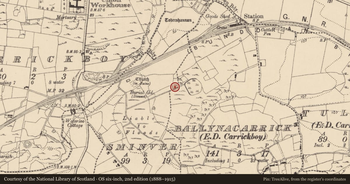 Ordnance Survey six-inch map, 2nd edition (1888–1915) covering the location of Megalithic structure, Sminver, County Donegal, with a pin at the register's coordinates