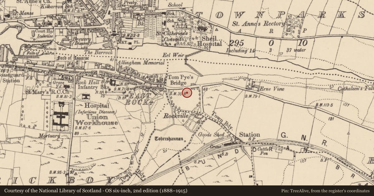 Ordnance Survey six-inch map, 2nd edition (1888–1915) covering the location of Church, Ballyhanna, County Donegal, with a pin at the register's coordinates