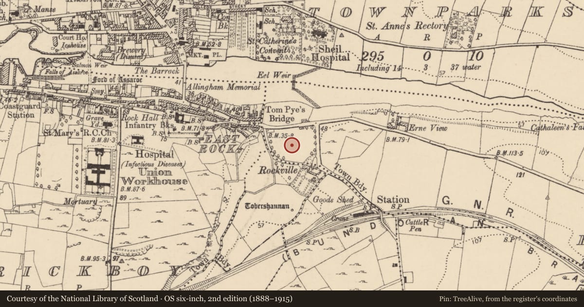 Ordnance Survey six-inch map, 2nd edition (1888–1915) covering the location of Graveyard, Ballyhanna, County Donegal, with a pin at the register's coordinates